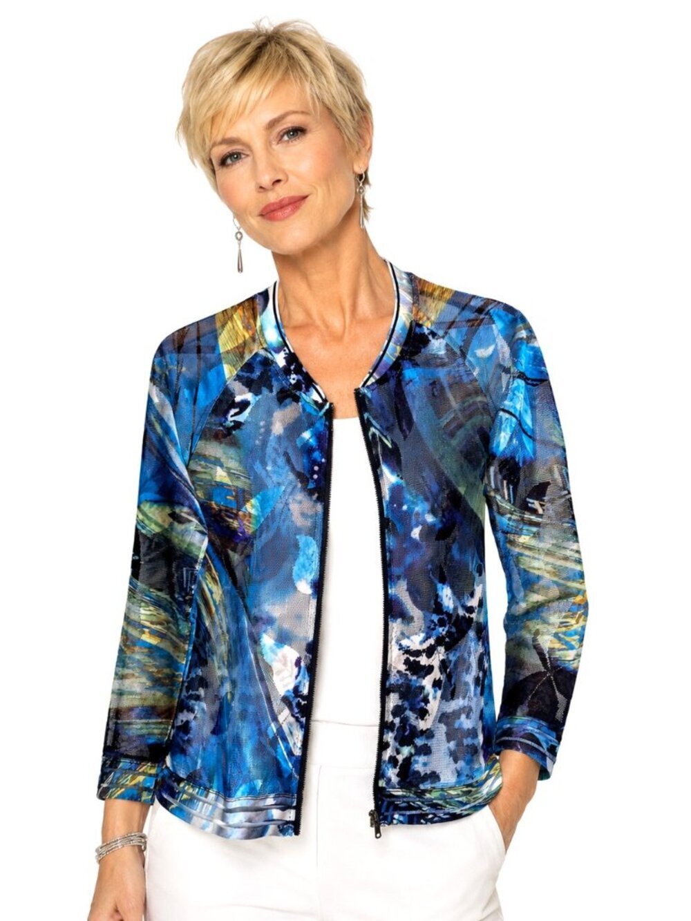 Adore Blue Abstract Print Sheer Mesh Zip Cardigan